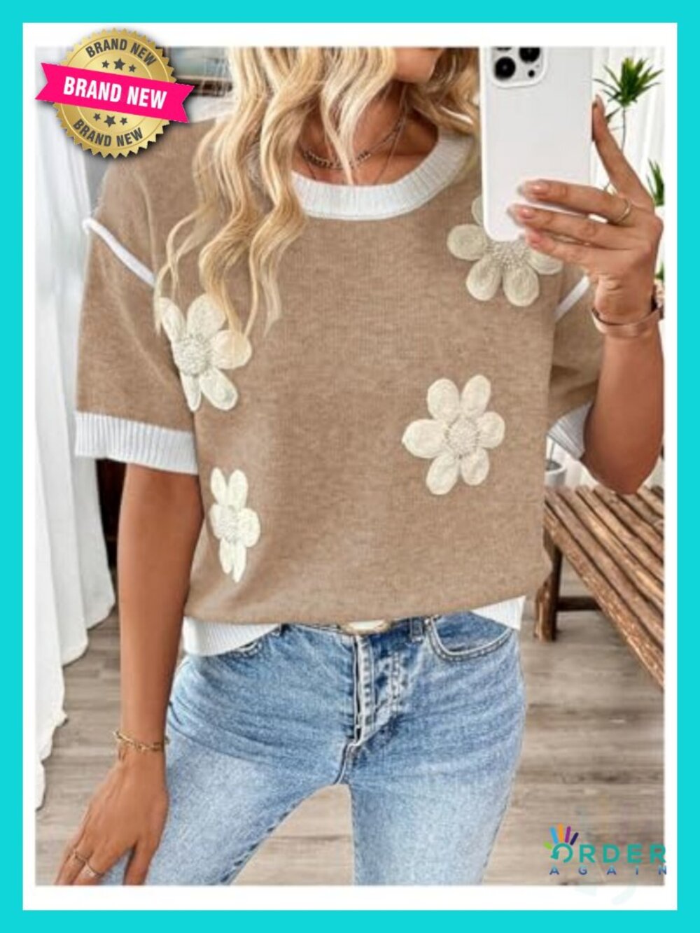 Rib Knit Floral Pullover Sweater, Short Sleeve, Crew Neck, Loose Fit, Polyester - Picture 3 of 4